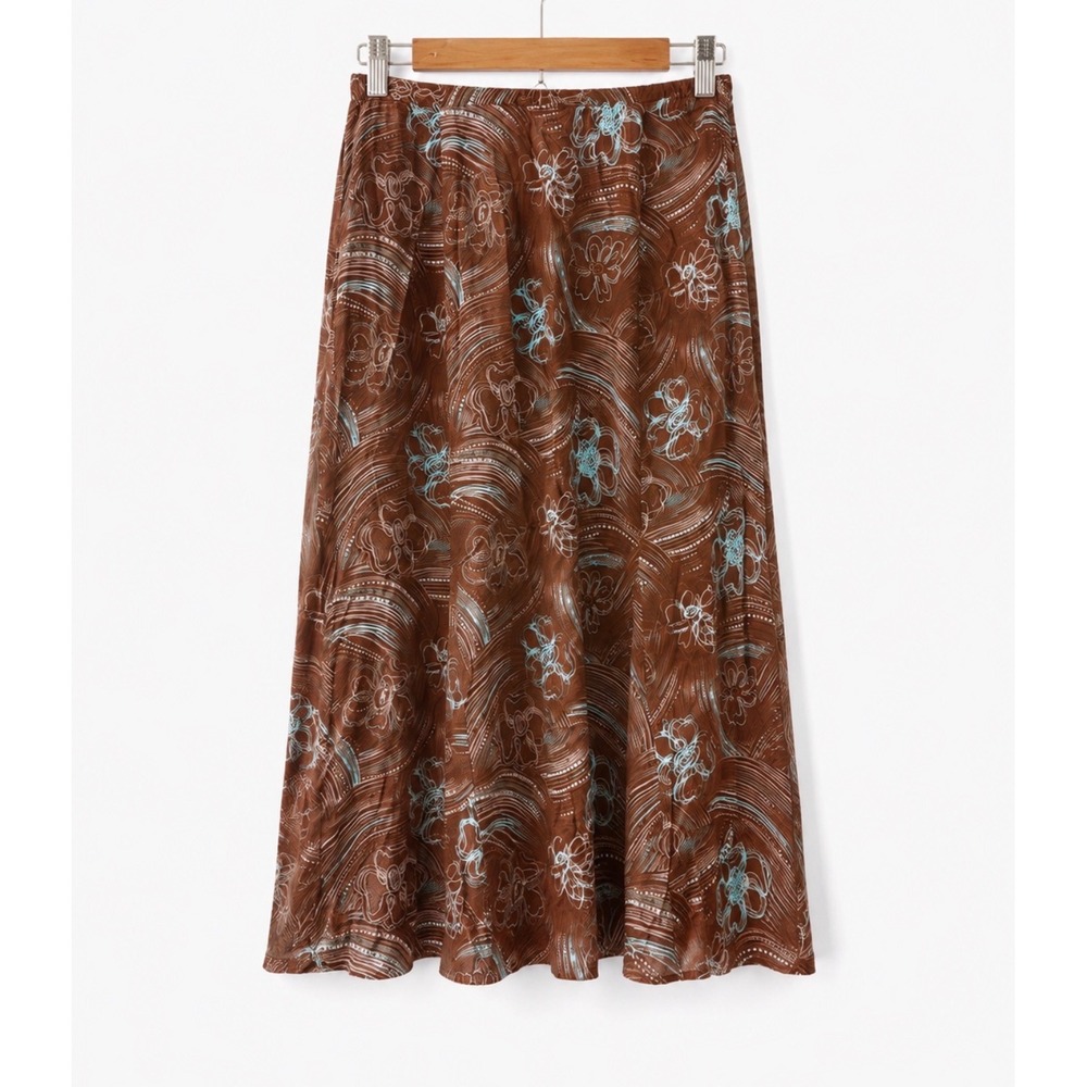 90s Vintage Sz 12 Sag Harbor Brown Turquoise Floral Midi Slip Skirt Y2K Feminine